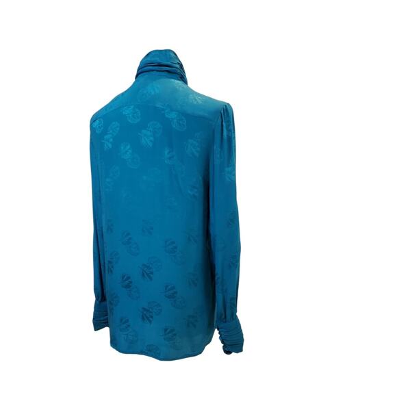 The Silk Farm Vintage Blue Embossed High Neck 1970s Elegant Blouse Size 8 - Picture 14 of 16
